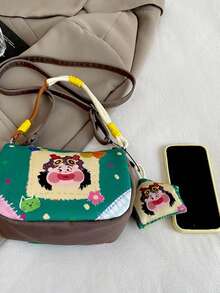 1pc Girls Cartoon Print Fabric Zipper Closure Cute Handbag/Crossbody Bag Suitable For All Seasons Daily Use With Pendant - A - View 4