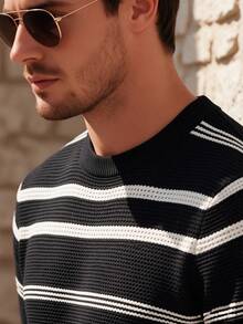 Men's Striped Casual Fashion Versatile Knit Short Sleeve Crew Neck Top - Black - View 2