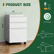 Archivador Móvil de Metal Blanco 44x37x62 cm |   Gabinete de 3 Cajones con Cerradura y Ruedas para Debajo del Escritorio |   Compatible con Carta Legal y A4 para Oficina en Casa |   Totalmente Ensamblado - Blanco - Ver 6