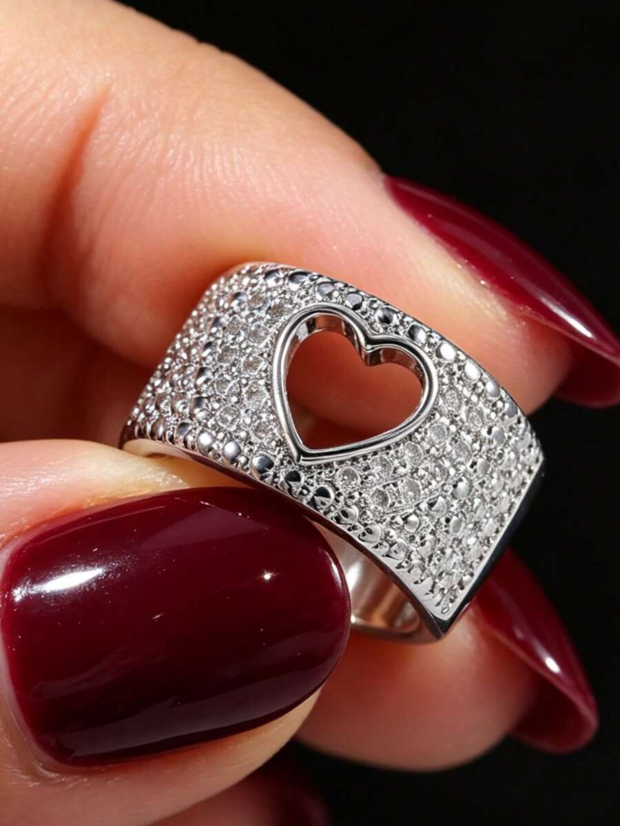 1Pc Women's Silver Wide Band Ring, Hollow Heart Design Full Paved Zirconia, Daily Statement Jewelry Gift. No Box.. - Silver - View 1