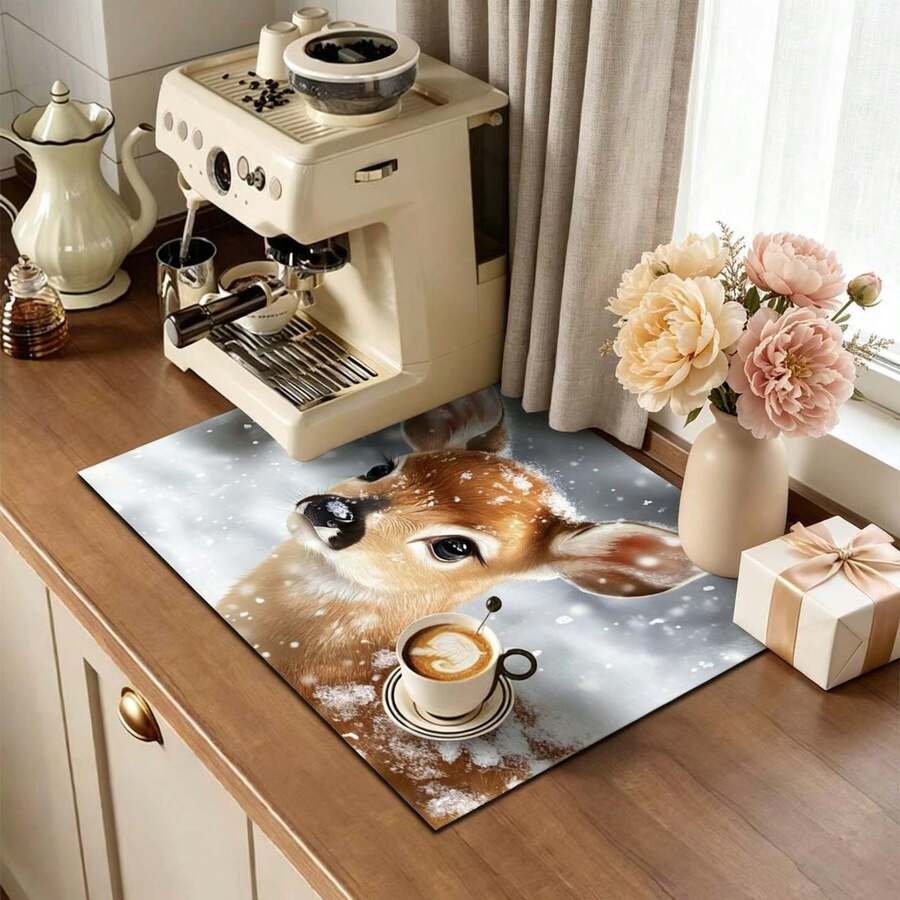 1pc Christmas Series Snow Deer Pattern Printed Coffee Bar Mat, Drainage Mat, Coffee Machine Soft Bottom Diatomaceous Earth Drainage Mat, Soft Rubber Drainage Mat, Super Absorbent Wear-Resistant Dish Drying Mat, For Countertop Restaurant Kitchen Table Mat, Patio Dining Table Decor, Home Kitchen Supplies, Countertop Decor Mat