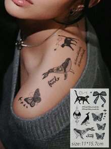 6PCS Black Butterfly Rose Floral Cat Diamond Pattern Party Gift Holiday Gift Music Festival Temporary Body Skin Waterproof Tattoo Stickers For Arm Shoulder Neck Collarbone - Black - View 5