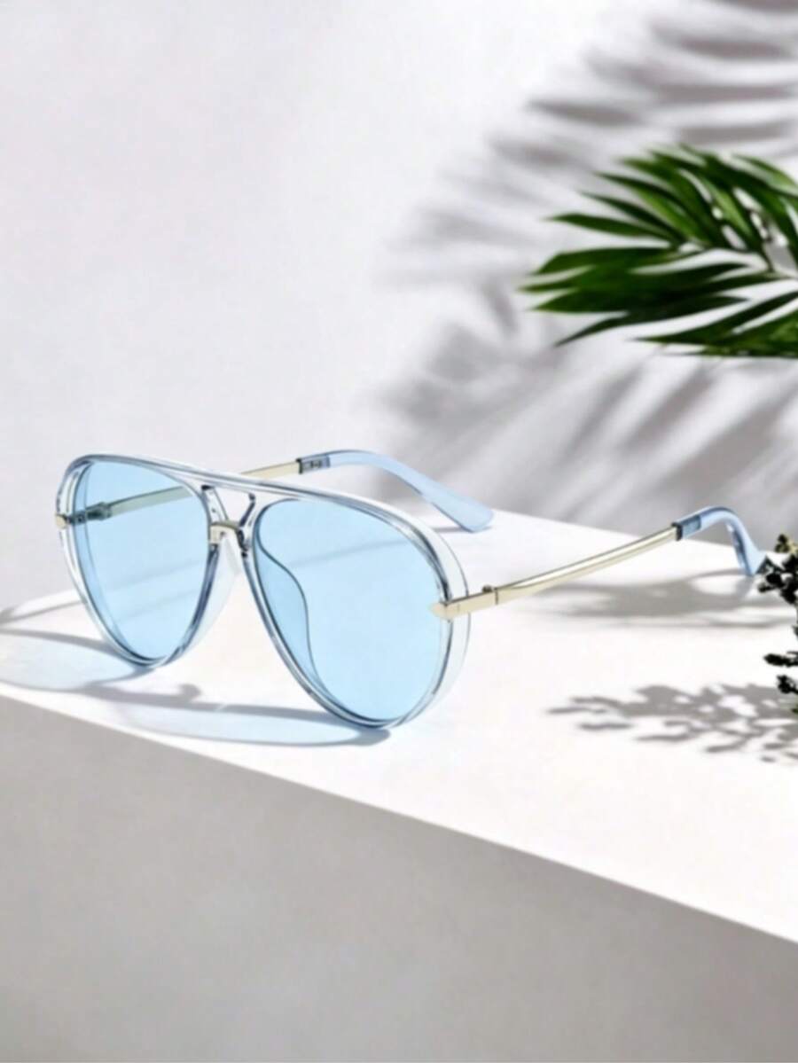 1pc Women's Transparent Blue Spring/Summer Vintage Simple Large Frame Fashion Glasses Suitable For Beach And Travel Use - Transparent Blue - View 1