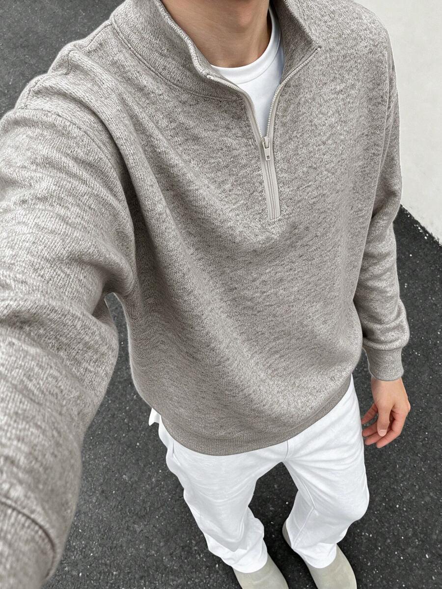Men's Half-Zip Mock Neck Long Sleeve Knit Sweater, Casual Commute Half-Open Cardigan - Khaki - View 1