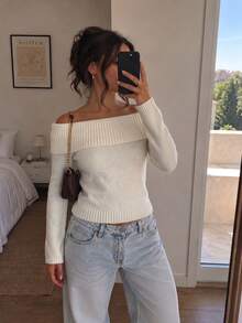 Women's Off-Shoulder Folded Long Sleeve Knit Sweater, Slim Fit Solid Color Pullover Top, Suitable For Date, Party And Daily Wear - White - View 4