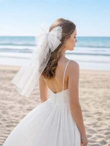 1pc Pearl Mesh Bow Veil, Bridal Headpiece For Wedding Registration And Photo Shoot, Hair Clip Accessory - Beige - View 2
