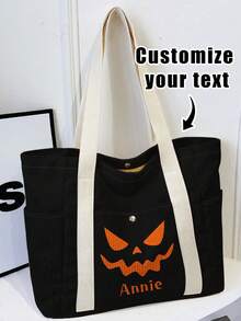1pc Custom Text Halloween Theme Print Large Capacity Corduroy Tote Bag,Front Snap,Multi Pockets Wide Shoulder Strap,For School Travel Party Daily Gift - Black - View 10