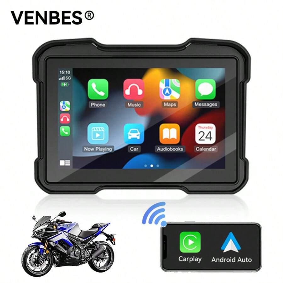 VENBES 5 Inch Waterproof Motorcycle PND Touchscreen, Quick Detachable Wireless CarPlay And Android Auto Motorcycle Display, Bluetooth Media Player