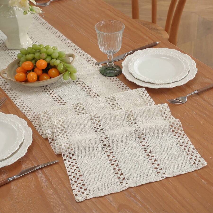 1pc Bohemian Style Tablecloth, Home Dining Table Decor Table Runner, Farmhouse Vintage Tablecloth Decor, Suitable For Living Room, Holiday, Bridal Shower Gift - White - View 1