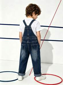 Young Boy Simple Light Blue Wide Leg Neutral Denim Overalls With Adjustable Shoulder Straps, Versatile Wide Leg Dungarees, All-Season Style, Without T-Shirt - Dark Wash - View 3