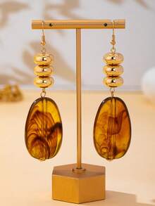 1 Pair European & American Style Beaded Patchwork Brown Resin Drop Earrings, Autumn/Winter Jewelry Gift, Versatile Exaggerated Earrings For Commute & Date, Women's - Brown - View 5