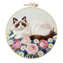 2D Flat Punch Needle Embroidery Kit For Beginners - Complete Embroidery Starter Set Including Tools And Instructions, DIY Punch Needle Embroidery Kit, Cat And Flower, Sleeping Cat, Cat Holding Flower, Cat Looking Up Embroidery Needle Beginner Handmade Kit Easy To Make Adult Holiday Gift And Decoration, Bamboo Frame Style Random - A - View 2