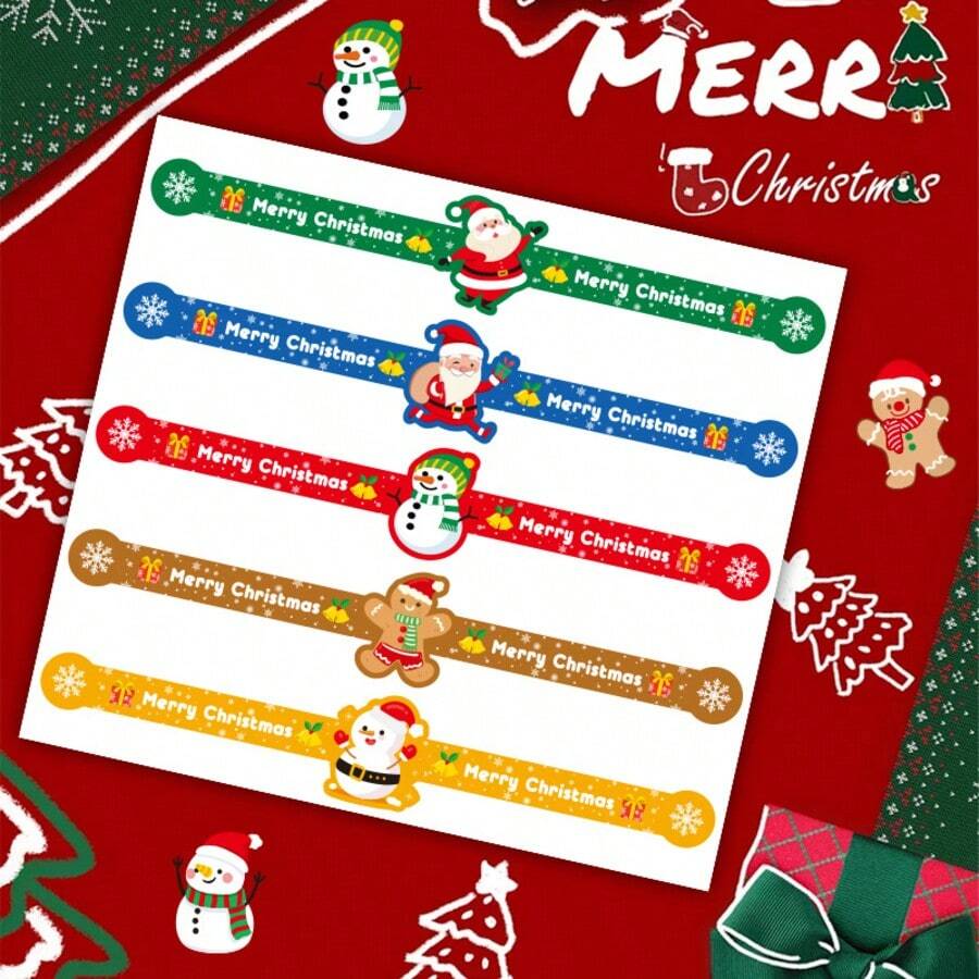 4 Lembar/20 Stiker Dekorasi Kemasan Hadiah Natal, Stiker Strip Panjang Natal, Stiker Santa Claus Kartun untuk Pengemasan Kotak Hadiah, Penyegelan, dan Dekorasi Kue - A - View 1