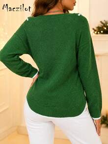 Plus Size Women's Autumn/Winter V-Neck Ruffle Collar Pullover Sweater, Contrast Trim Elegant Knit Top, Suitable For Commute And Date - Dark Green - View 6
