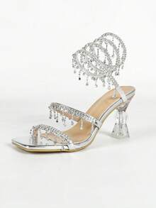 Women's Square Toe Crystal High Heel Sandals With Rhinestone Snake Wrap Strap, Elegant Fashion Open Toe, Minimalist Basic Style For Summer And Autumn - Silver - View 3