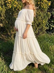Bump Style Women's White Dress Jacket Maternity Photo Off-Shoulder Ruffle For Evening Dresses Princess Set Dressy - Beige - View 3