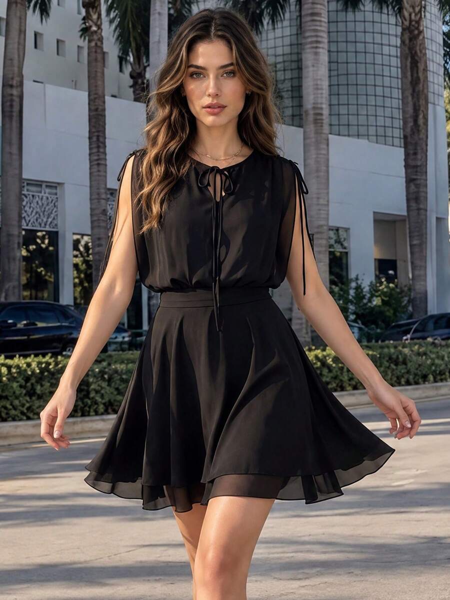 Women's Elegant Chiffon Mini Dress, Tie Neck Cold Shoulder Sleeveless High Waist Flowy A-Line Skirt, Suitable For Parties And Outings - Black - View 1