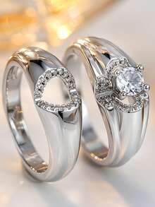 Gmzalx Bright Color Synthetic Zirconia Couple Ring Set, Minimalist Elegant Rings, Romantic Gift For Date Anniversary - Silver - View 5