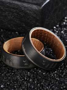 1pc 8mm-Wide Tungsten Carbide Trees Forest Hunting Dear Lasered Silver Black Whiskey Barrel Wood Ring For Wedding,Exquisite Men's Accessory Jewelry - Black - View 10