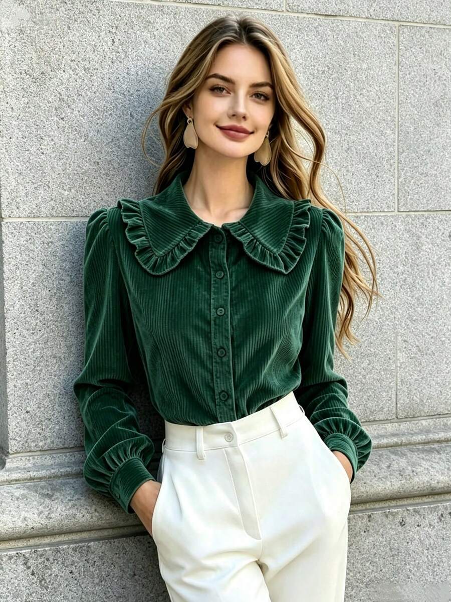 Women's Autumn/Winter Corduroy Solid Color Ruffle Collar Casual Shirt - Dark Green - View 1