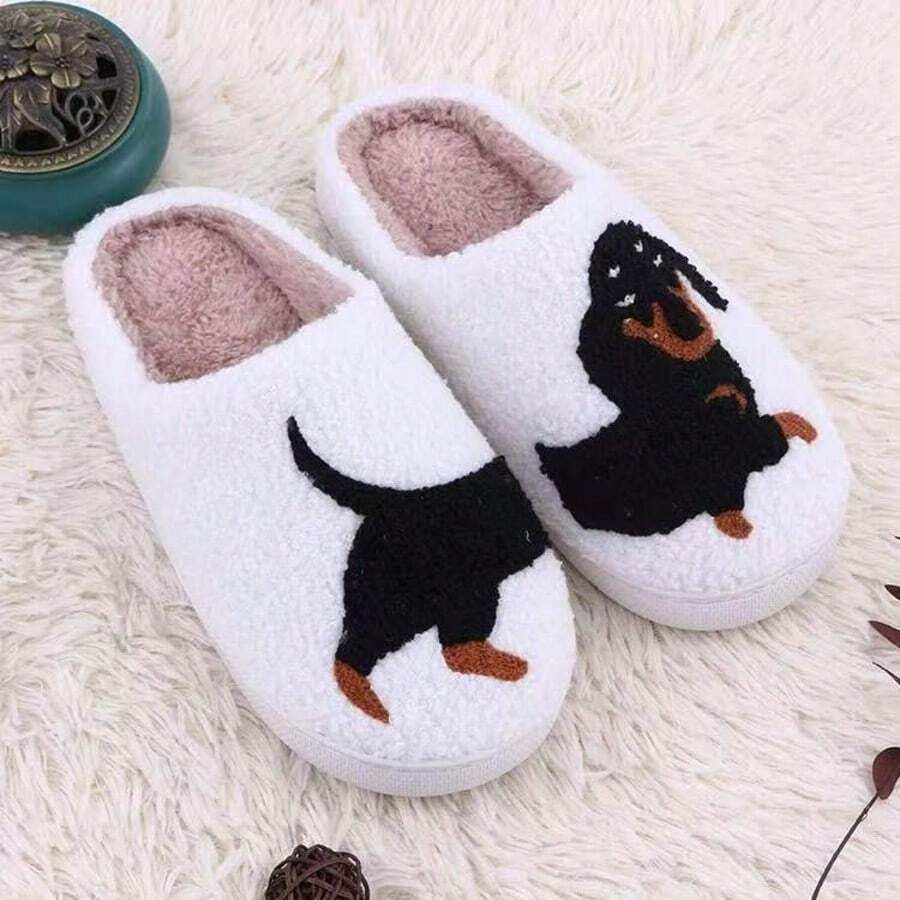 Men's Animal Pattern Home Slippers, Warm, Anti-Slip, Comfortable, Unisex Couple Indoor Slippers, Embroidered Knitted, Holiday Gift Best Choice (Slight Color Difference) - White Black Dog - View 1