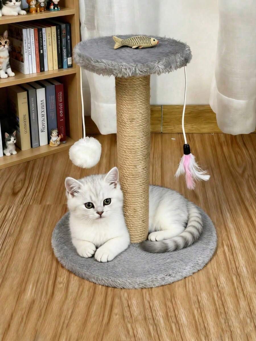 Poste rascador de sisal mini para gatitos, torre de escalada vertical resistente al desgaste sin residuos, adecuada para apartamentos pequeños, con juguetes interactivos de bola de felpa y plumas incorporados, regalo de entretenimiento autónomo para gatitos - Marrón - Ver 1