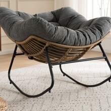 Oversized Egg Rocking Chair, Wicker Rattan Patio Lounge Chair With Thick Cushion, Egg-Shaped Rocker For Balcony, Porch, Garden & Bedroom - Grey - View 3