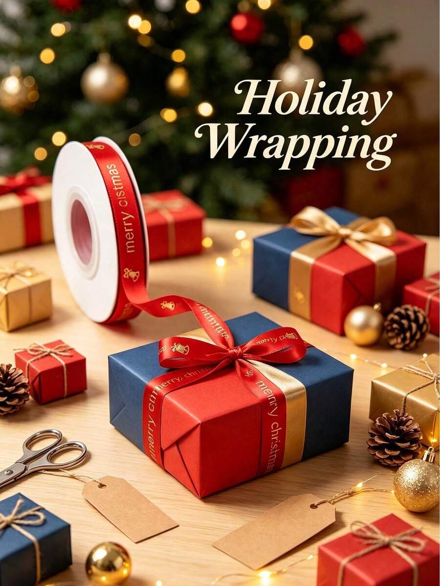 1pc Christmas Gift Wrapping Ribbon, Red Green Gold Striped Ribbon, Festive Holiday Ribbon For Gift Wrapping, Christmas Tree, Wreath, Garland, Present Packaging, DIY Crafts, Party Supplies, Christmas Decorations & Home Decor