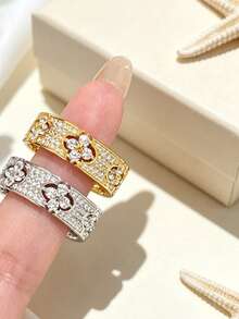 1pc Flower Opening Design Ring - Three-Petal Inlaid Zirconia And Mother Of Pearl - Full Diamond Openwork Ring - View 1