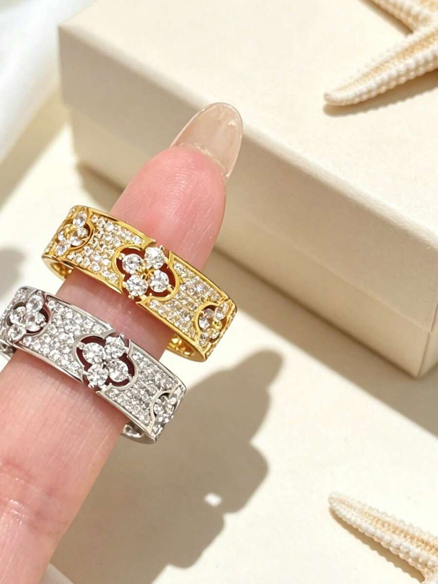 1pc Flower Opening Design Ring - Three-Petal Inlaid Zirconia And Mother Of Pearl - Full Diamond Openwork Ring - View 1