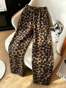 Women's Small Size Casual Slim Fit Elastic Waist Leopard Print Straight Leg Pants - Brown - View 1