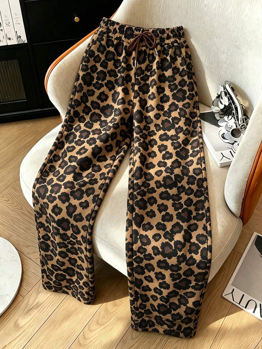 Women's Small Size Casual Slim Fit Elastic Waist Leopard Print Straight Leg Pants - Brown - View 1