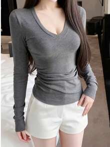 Women's Grey V-Neck Long Sleeve Pure Cotton Top, Autumn/Winter Regular Fit Mid-Stretch Slim T-Shirt - Light Grey - View 12