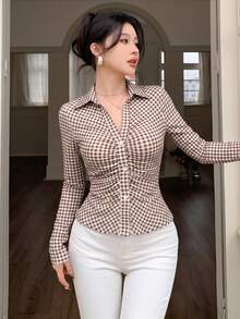 abyoxi Damen Braun & Weiß Kariert, Revers Langarm Slim Fit Hemd, gefaltete Vorderseite mit Knopfverschluss, elegant, vintage, lässig, geeignet für Büro, tägliche Pendelstrecke, Dating, Ausgehen, Herbst/Winter Oberteil - Braun - Übersicht 4