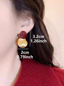 1 Pair Vintage Hong Kong Style Red Oil Drop Round Disc Earrings, Suitable For Women's Daily And Holiday Wear - Golden Yellow + Burgundy - View 5