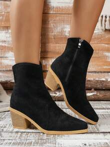 Women's Solid Color Western Style Side Zipper Smooth Chunky Heel Outdoor Ankle Boots - Black - View 3