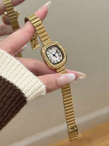 女款優雅金金色方型圓角手錶，白色錶盤搭配精緻羅馬數字刻度，適合日常佩戴 - 金色 - 查看 1