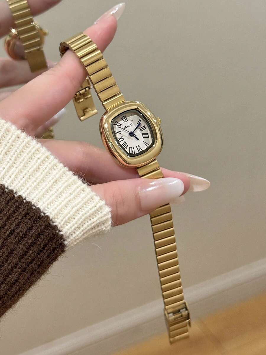 女款優雅金金色方型圓角手錶,白色錶盤搭配精緻羅馬數字刻度,適合日常佩戴 - 金色 - 查看 1