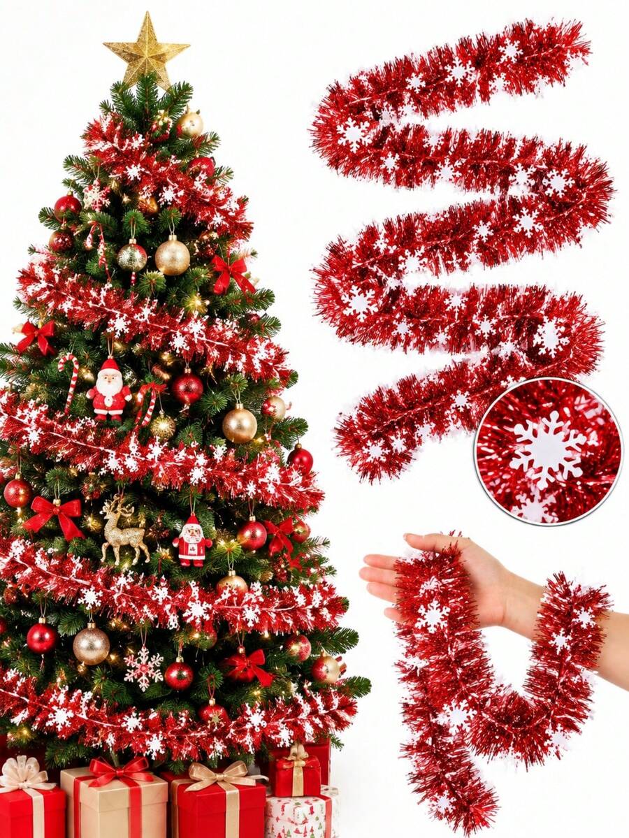1pc Christmas Red Snowflake Sequin Tassel Decorative Garland With Metallic Foil, Bendable And Shapeable, Suitable For Stair Railings, Christmas Trees And More, Ideal For Thanksgiving, Christmas And Halloween Holiday Decorations