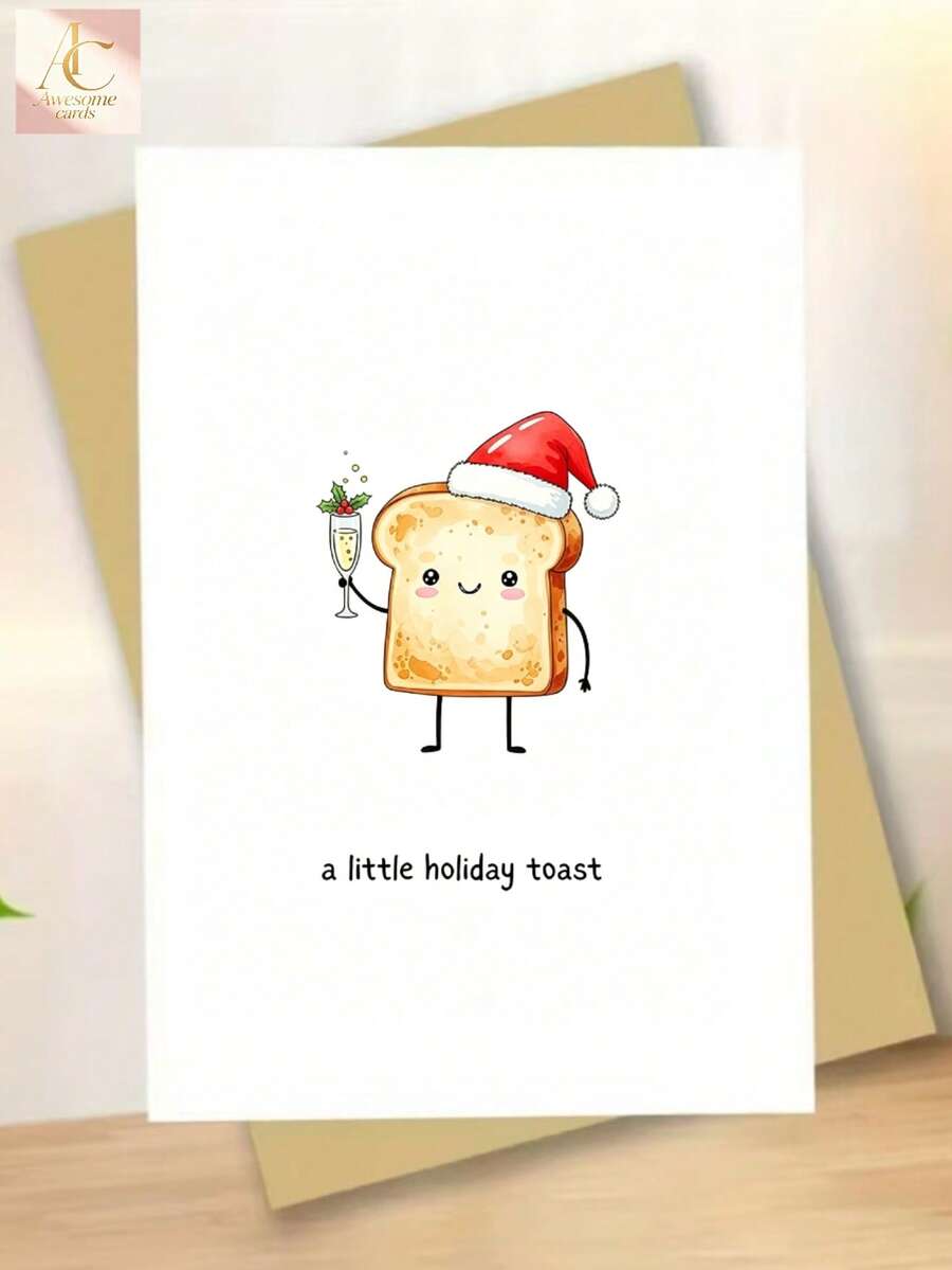 1pc Cute Christmas Toast Greeting Card, Funny Bread Character With Santa Hat, Kawaii Holiday Card, Xmas Gift Card, Food Pun Greeting Card - One Size Fits All - View 1