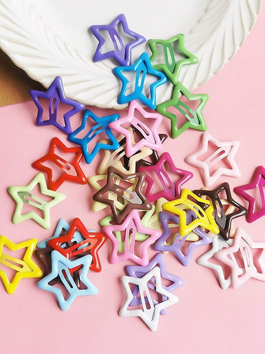 Glossy Hollow Five-Point Star Shape, Simple And Cute, Candy Multicolor Options. Classic BB Clip Closure, Secure And Easy To Fix Bangs And Side Hair, Not Easy To Slip. Suitable For Daily Wear And Outings.