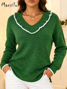 Plus Size Women's Autumn/Winter V-Neck Ruffle Collar Pullover Sweater, Contrast Trim Elegant Knit Top, Suitable For Commute And Date - Dark Green - View 4
