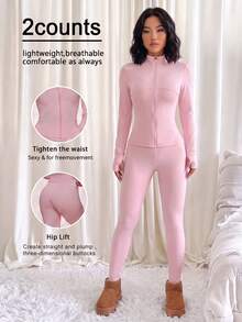Stand Collar Zip-Up Sports Jacket With Thumb Holes, Paired With High-Waist Shaping Leggings, Effectively Tummy Control And Butt Lift, Lengthening Leg Lines | Slim Fit, Suitable For Outdoor Commuting, Exquisite Commuting Set, Women's Autumn/Winter Two Pieces Set - Pink - View 4