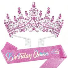 2PCS Birthday Queen Sash And Tiara Set, Rhinestone Crystal Crown With Combs, Birthday Party Event Accessories For Women - Multicolor - View 2