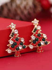 1 Pair Christmas Tree Stud Earrings With One Rhinestone Star And Full Colorful Rhinestone Embellishments, Suitable For Holiday Wear - Multicolor 1 - View 8