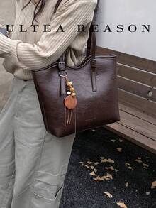 1pc Solid Color PU Leather New Women's Backpack, Shoulder Bag, Tote Bag, Fashion Square Handbag, Zipper Closure, Large Capacity, Suitable For Commuting, Shopping, Dating, Work - Coffee - View 6