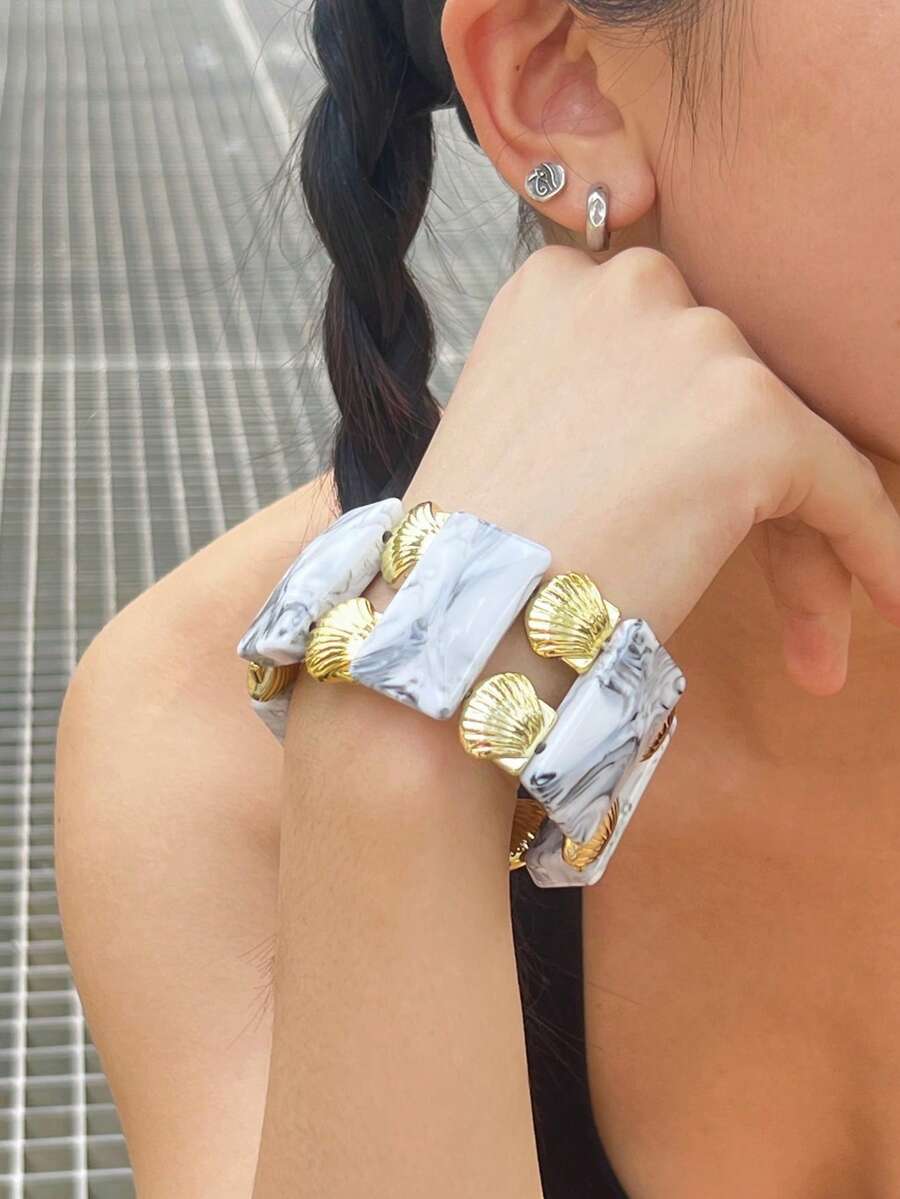 Marble Pattern Resin Elastic Beaded Bracelet, Gold Shell Decor Wide Cuff Bracelet, Bohemian Style Exaggerated Jewelry, Versatile Gift For Women And Girls, Suitable For Daily Wear, Party And Travel - Multicolor - View 1