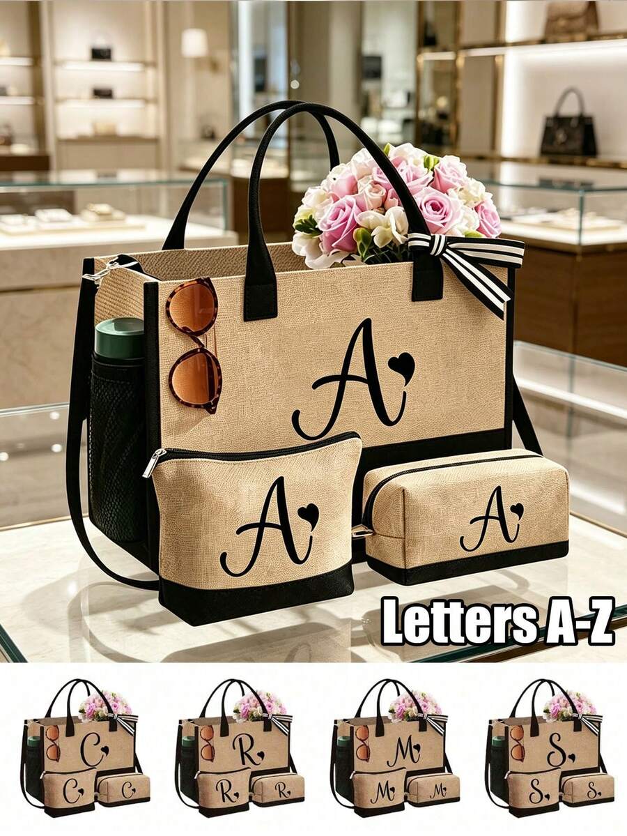 Large Capacity Black Linen Tote Bag With Detachable Shoulder Strap, Makeup Pouch And Square Storage Bag, Minimalist A-Z Letter Print