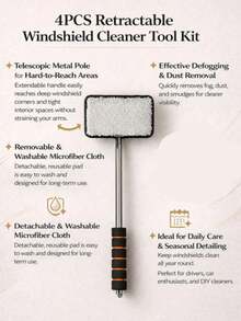 Extendable Windshield Cleaning Tool Set – With Detachable Handle, Rearview Mirror Water Removal And Wiper Function, Multi-Functional Car Cleaning Supplies, Telescopic Car Detailing Glass Cleaning Brush, Washable Microfiber Cloth, Used For Interior Glass Cleaning And Car Body Stain Removal, Anti-Fog And Dust Removal, 180° Free Rotating Brush Head. Easy To Operate, Ideal For Drivers, Car Enthusiasts And DIY Cleaners For Daily Car Maintenance And Seasonal Detailed Cleaning. Essential For RV Camping, Perfect Gift For Family And Friends - A - View 2