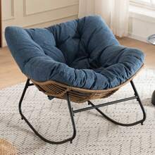 Oversized Egg Rocking Chair, Wicker Rattan Patio Lounge Chair With Thick Cushion, Egg-Shaped Rocker For Balcony, Porch, Garden & Bedroom - Blue - View 3